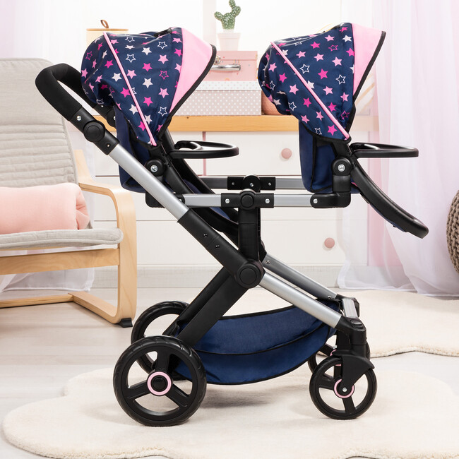 Bayer Design Dolls: Xeo Twin Pram - Stars Navy & Pink - Doll Accessories - 3