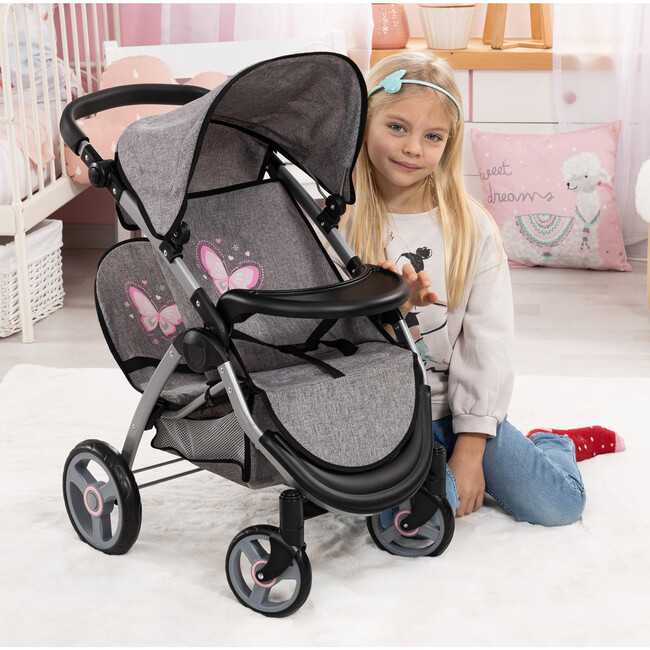 Bayer Design Dolls: Twin Star Stroller - Grey, Pink, Butterfly - Doll Accessories - 5