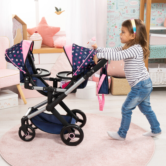 Bayer Design Dolls: Xeo Twin Pram - Stars Navy & Pink - Doll Accessories - 5