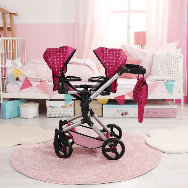 Bayer Design Dolls: Neo Twin Doll Pram - Hot Pink, Polka Dots, Fairy - Doll Accessories - 3