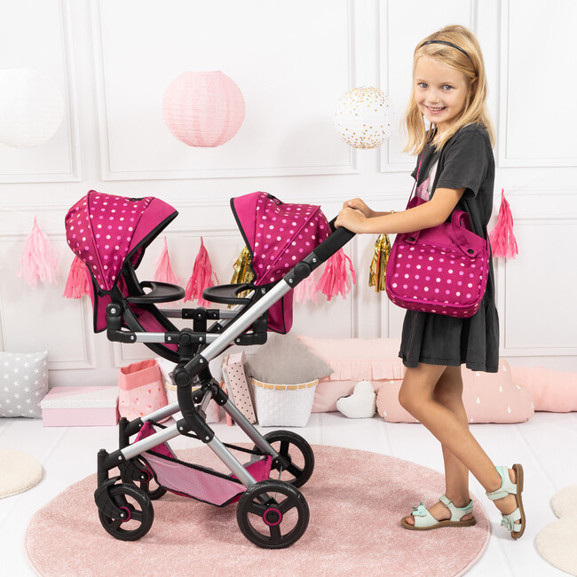 Bayer Design Dolls: Neo Twin Doll Pram - Hot Pink, Polka Dots, Fairy - Doll Accessories - 4