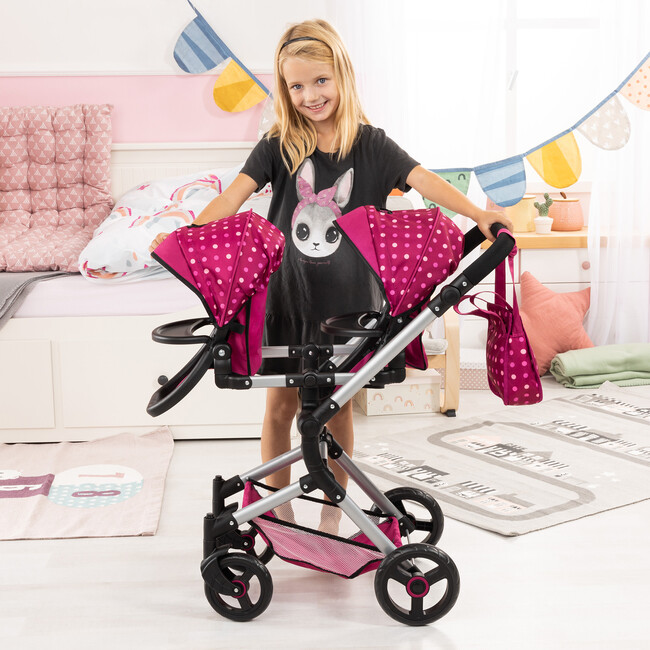 Bayer Design Dolls: Neo Twin Doll Pram - Hot Pink, Polka Dots, Fairy - Doll Accessories - 6