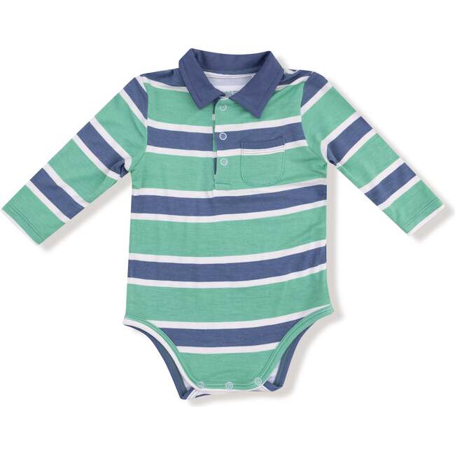Long Sleeve Polo Bodysuit, Green/Blue Stripe