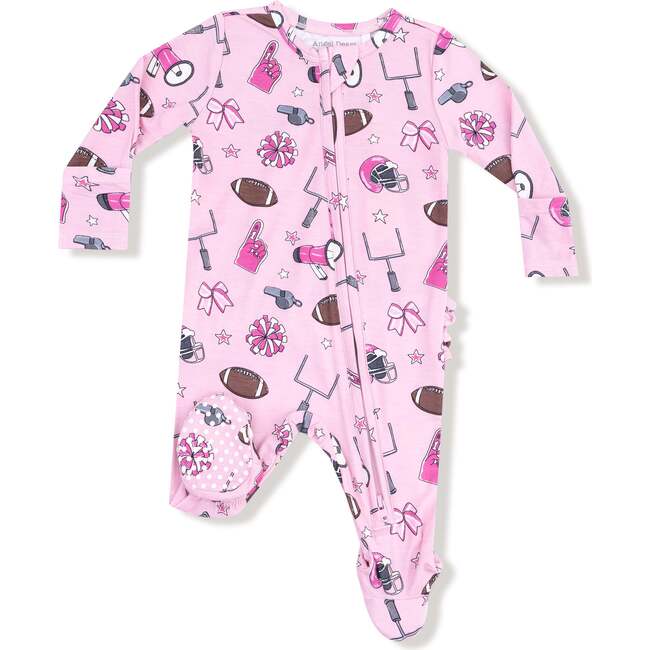 2 Way Zipper Ruffle Back Footie, Pink Football