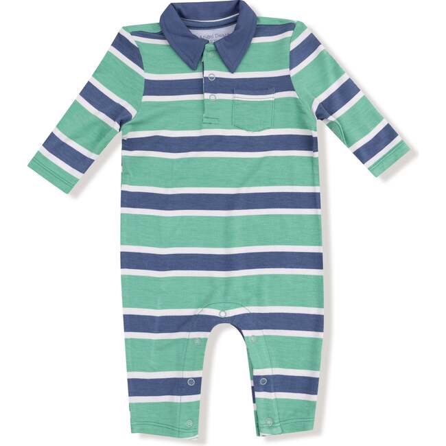 Polo Romper, Green/Blue Stripe