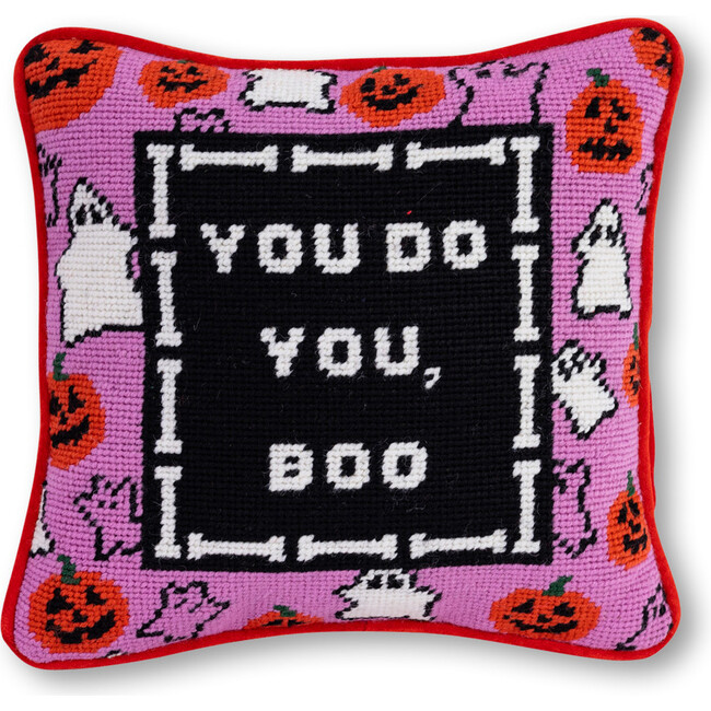Boo Needlepoint Pillow, Pink, Black