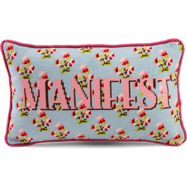 Manifest Needlepoint Pillow, Light Blue, Pink
