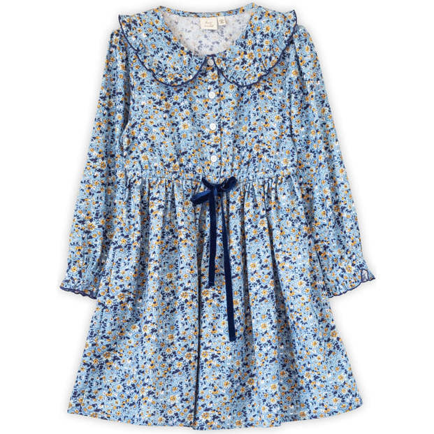 Girls Adelaide Velvet Tie Dress | Blue and Mustard Wildflowers
