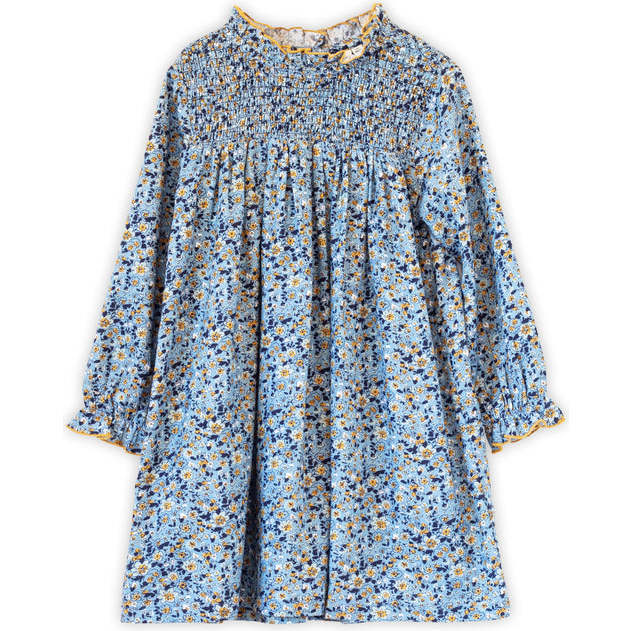 Girls Smocked Long Sleeves Dress | Blue and Mustard Wildflowers