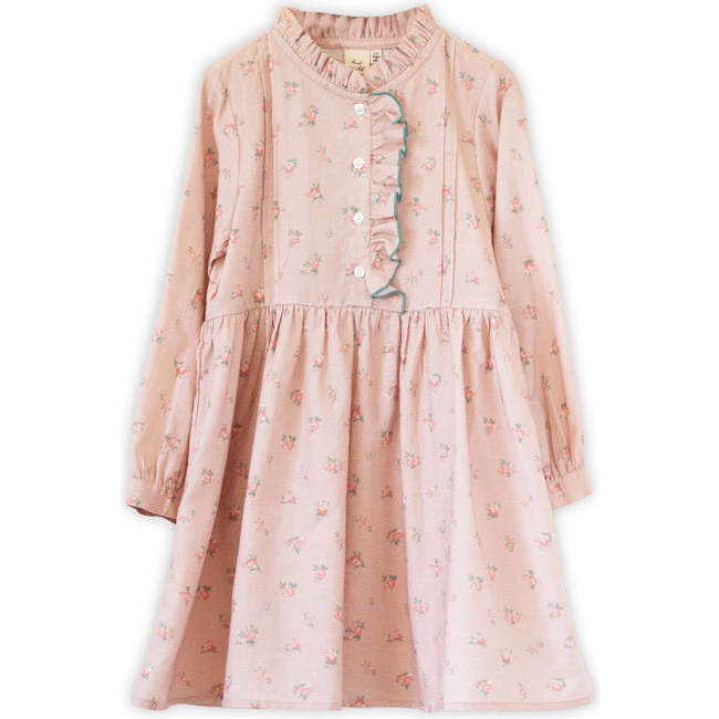 Girls Long Sleeves Dress with Front Ruffle | Vintage Pink Rose