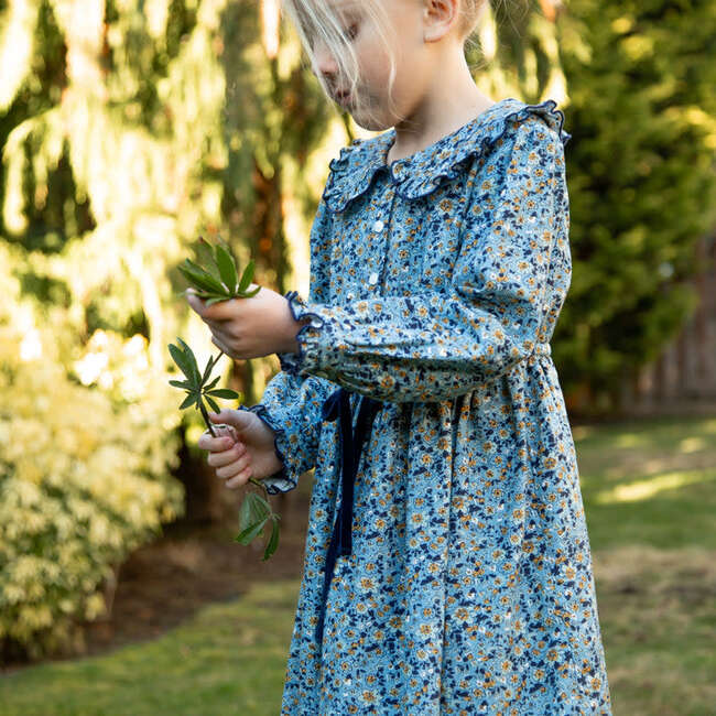 Girls Adelaide Velvet Tie Dress | Blue and Mustard Wildflowers - Dresses - 2