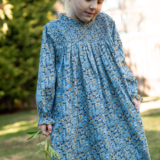 Girls Smocked Long Sleeves Dress | Blue and Mustard Wildflowers - Dresses - 2