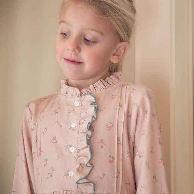 Girls Long Sleeves Dress with Front Ruffle | Vintage Pink Rose - Dresses - 2