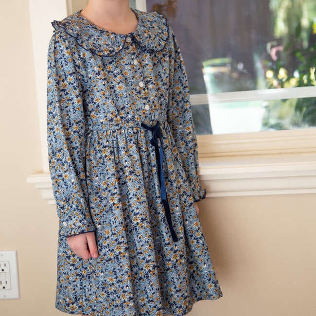 Girls Adelaide Velvet Tie Dress | Blue and Mustard Wildflowers - Dresses - 4