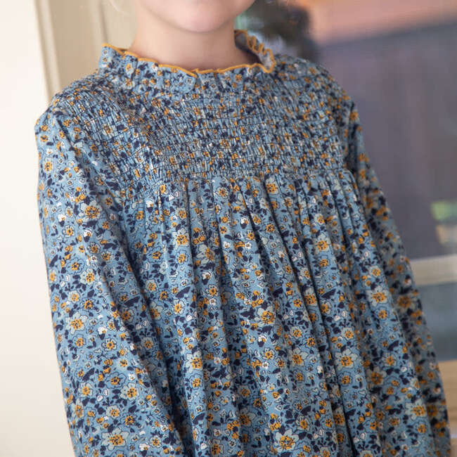Girls Smocked Long Sleeves Dress | Blue and Mustard Wildflowers - Dresses - 5