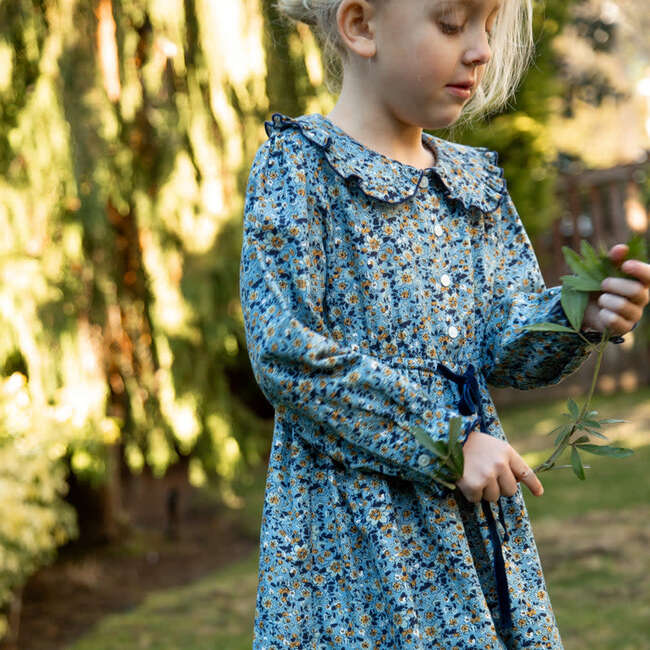 Girls Adelaide Velvet Tie Dress | Blue and Mustard Wildflowers - Dresses - 5