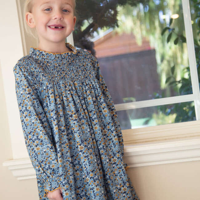 Girls Smocked Long Sleeves Dress | Blue and Mustard Wildflowers - Dresses - 6