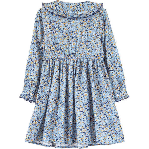 Girls Adelaide Velvet Tie Dress | Blue and Mustard Wildflowers - Dresses - 6