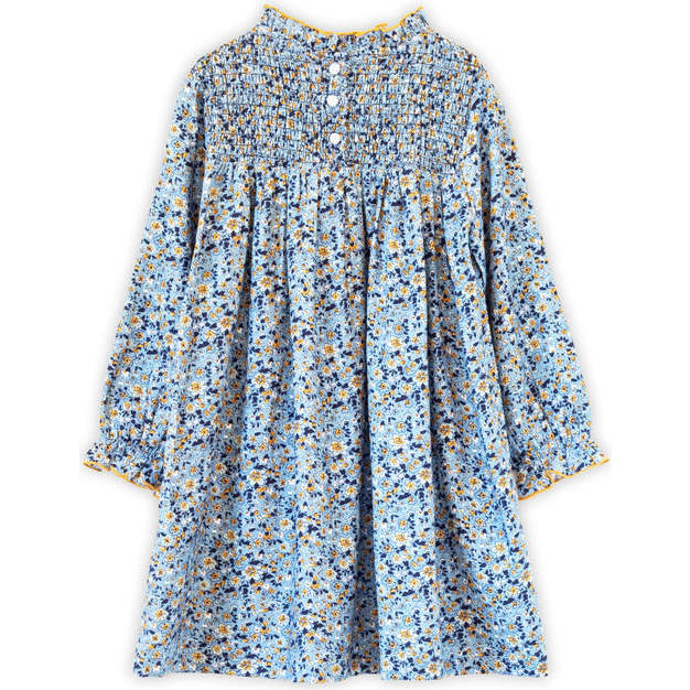 Girls Smocked Long Sleeves Dress | Blue and Mustard Wildflowers - Dresses - 7