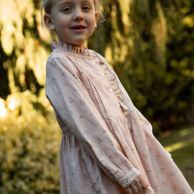 Girls Long Sleeves Dress with Front Ruffle | Vintage Pink Rose - Dresses - 5