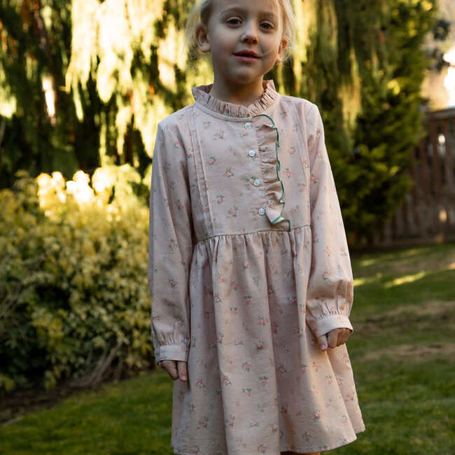 Girls Long Sleeves Dress with Front Ruffle | Vintage Pink Rose - Dresses - 6