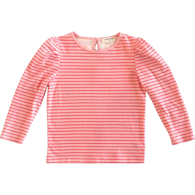 Long Sleeve Puff Sleeve Tee, Pink & Red Heart Stripe