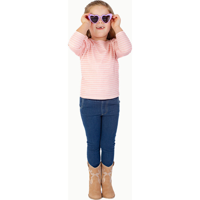 Long Sleeve Puff Sleeve Tee, Pink & White Heart Stripe - Blouses - 2