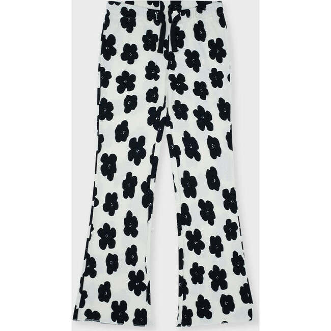 Organic Cotton Slim Flare Ribbed Pant, Off White with Flower Print