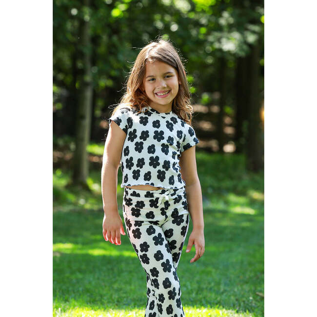 Organic Cotton Slim Flare Ribbed Pant, Off White with Flower Print - Pants - 4