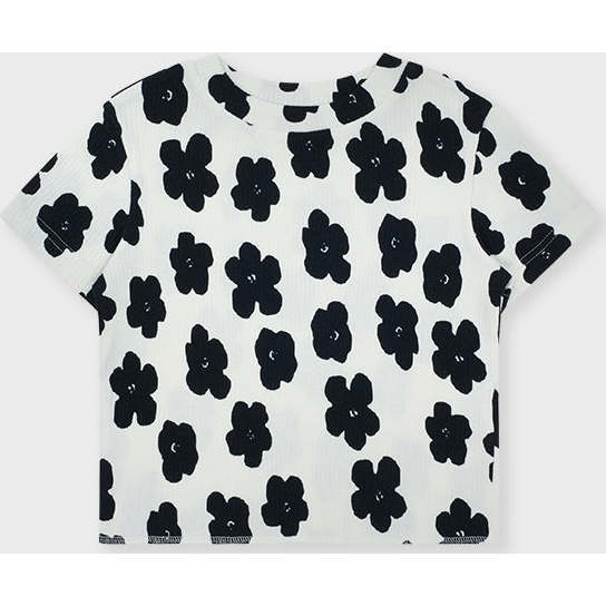 Organic Cotton Cropped T-Shirt, Off White with Flower Print