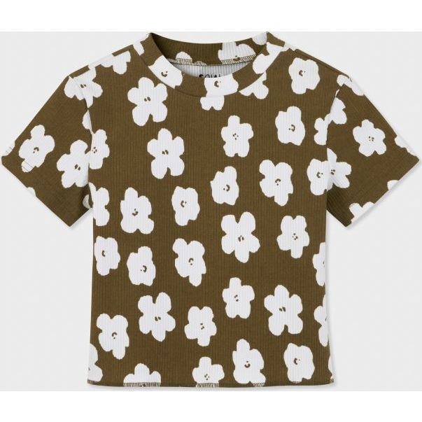 Organic Cotton Cropped Ribbed Shirt, Olive with Flower Print