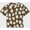 Organic Cotton Cropped Ribbed Shirt, Olive with Flower Print - T-Shirts - 1 - thumbnail