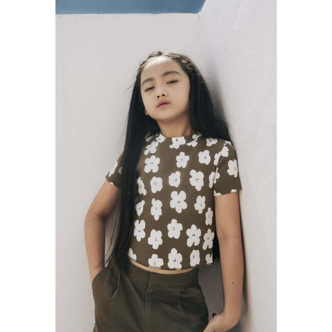 Organic Cotton Cropped Ribbed Shirt, Olive with Flower Print - T-Shirts - 2