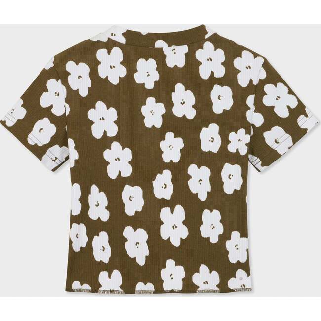 Organic Cotton Cropped Ribbed Shirt, Olive with Flower Print - T-Shirts - 4