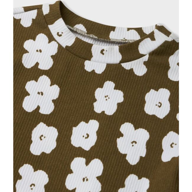 Organic Cotton Cropped Ribbed Shirt, Olive with Flower Print - T-Shirts - 5