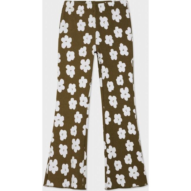Organic Cotton Blend Flare Ribbed Pant, Olive with Flower Print
