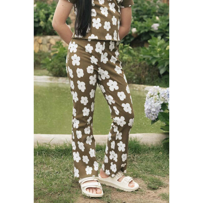 Organic Cotton Blend Flare Ribbed Pant, Olive with Flower Print - Pants - 2