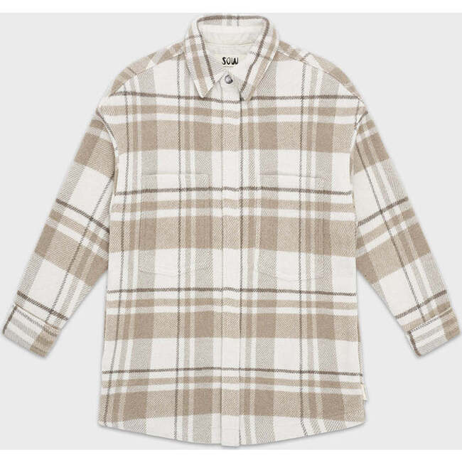 Elongated Oversized Plaid Shirt Jacket, Camel Plaid