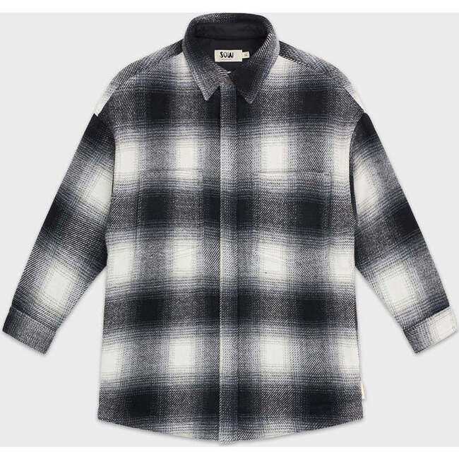 Elongated Oversized Plaid Shirt Jacket, Black Shadow Plaid