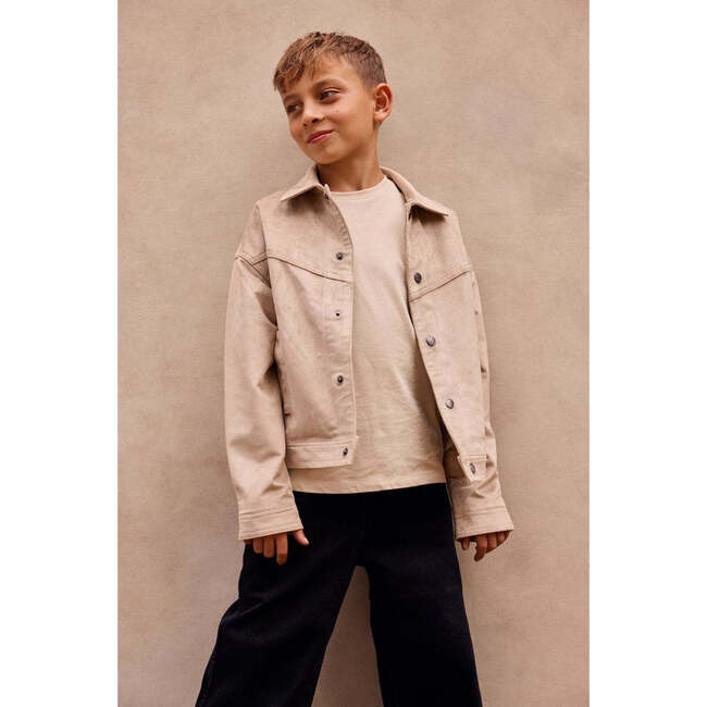 Faux Suede Trucker Jacket, Beige - Jackets - 2