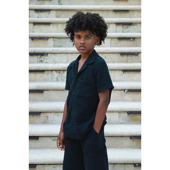 Organic Cotton Camp Collar Waffle Shirt, Black - Polo Shirts - 2
