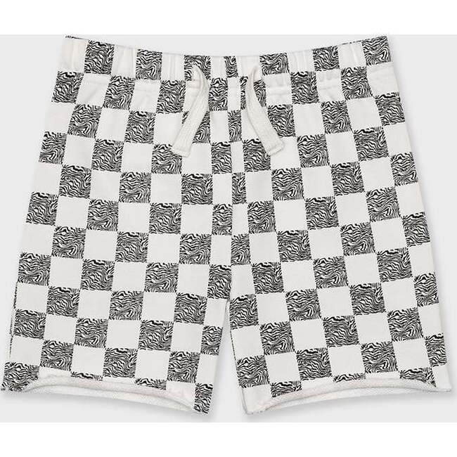 Cotton Sweat Short With Raw Hem,  Off White with Black Animal Checker