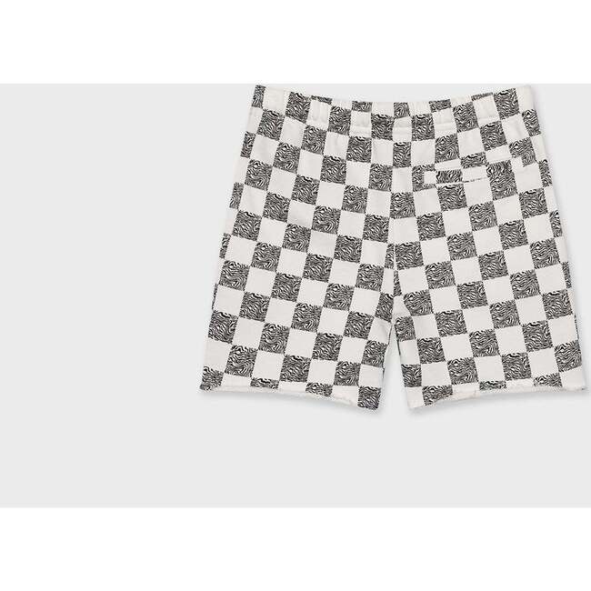 Cotton Sweat Short With Raw Hem,  Off White with Black Animal Checker - Shorts - 2