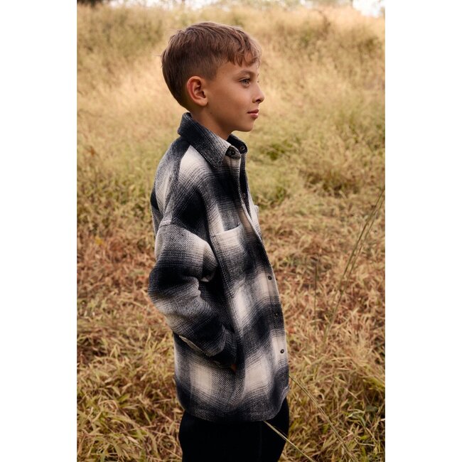 Elongated Oversized Plaid Shirt Jacket, Black Shadow Plaid - Button Downs - 6