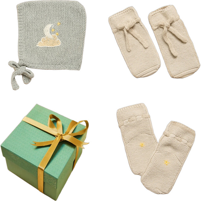 Infant Cap and Booties Gift Set, Grey/Oat