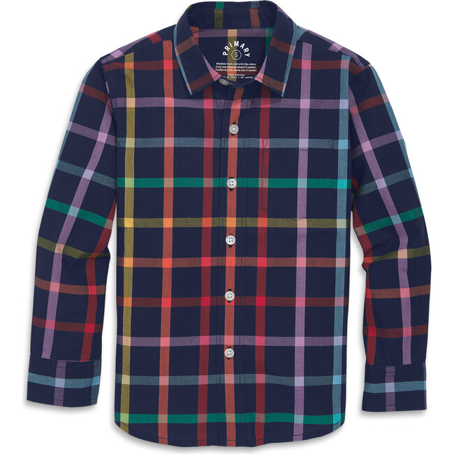 Kids Long Sleeve Rainbow Plaid Button Down, Navy / Rainbow Plaid