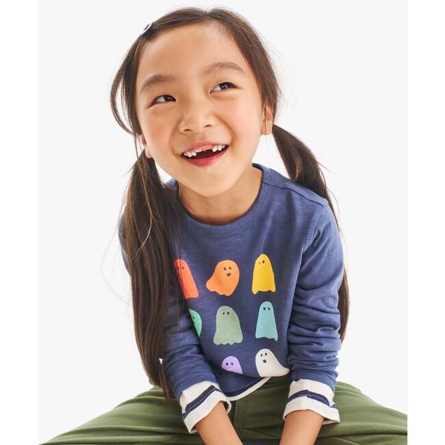Kids Long Sleeve Rainbow Ghosts Tee, Sunwashed Navy - T-Shirts - 3
