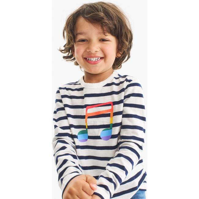 Kids Long Sleeve Rainbow Music Tee, Ivory/ Navy Stripe - T-Shirts - 3