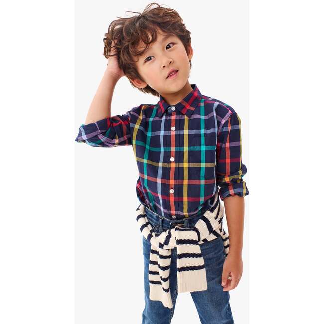 Kids Long Sleeve Rainbow Plaid Button Down, Navy / Rainbow Plaid - Button Downs - 2