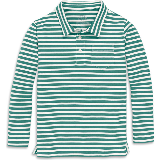 Kids Long Sleeve Polo In Stripe, Sunwashed Teal / Ivory Stripe